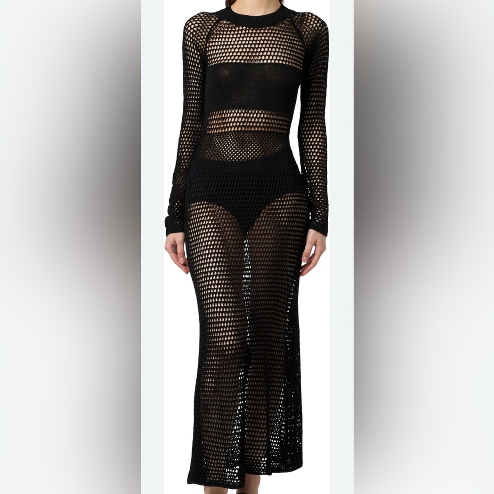 Prettylittlething Open Knit Long Sleeve Maxi Dress Swim Coverup Size Xs Black